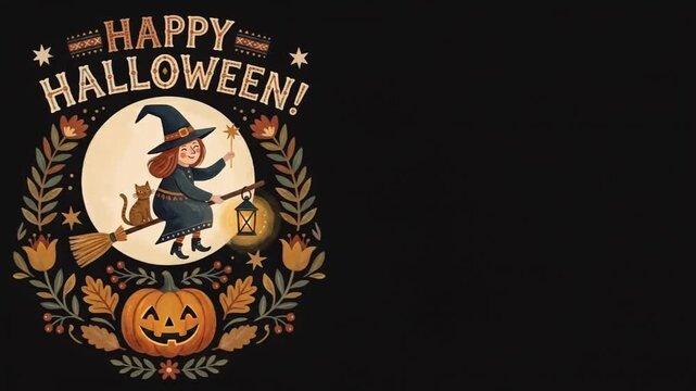 Happy Halloween Cute Flying Witch Side Badge Loop, Cottagecore Halloween Frame Overlay with Copy Space on Black Background