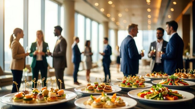 A blurred scene of business people socializing at a luxury corporate banquet with food and drinks.