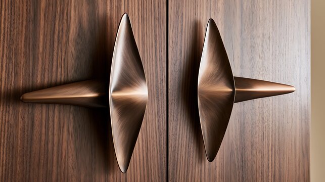 Modern artistic metal door handles installed on wooden doors in indoor setting
