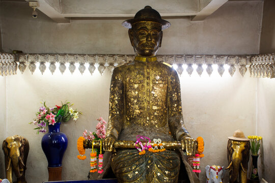 Ancient Statue Pho Pu Phraya Khottabong Devaraj guardian spirit and historical ruler in Antique Phichit City Pillar Shrine for thai people visit respect praying holy mystery myth in Phichit, Thailand