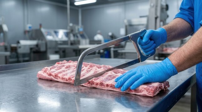 Close up of a professional butcher cutting pork ribs with a metal saw on a stainless steel surface.