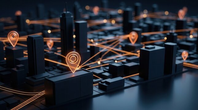 Digital marketing and security concept showing an urban geofencing map with multiple location markers.