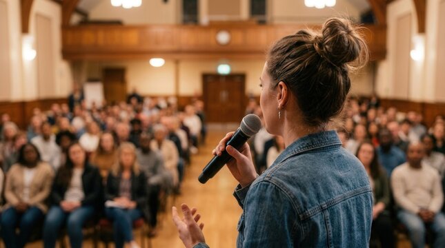 A woman holding a microphone while addressing a large community audience.