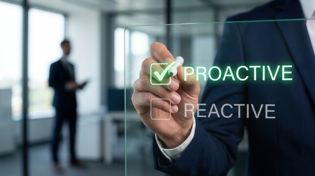 Close up of a professional hand selecting the proactive option in a strategic business comparison.