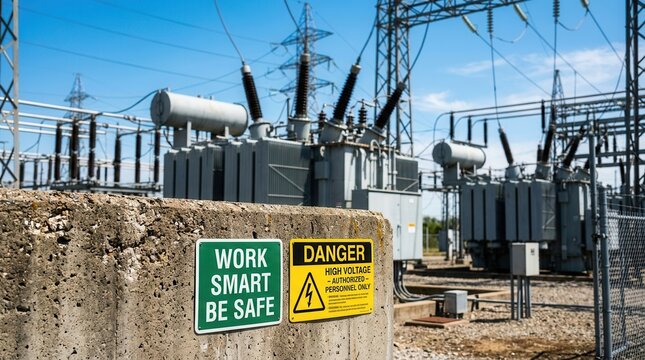 An electrical substation featuring transformer equipment and authorized personnel safety signs.
