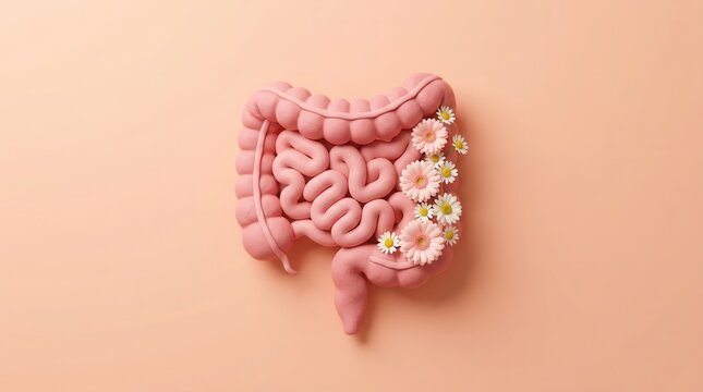 Conceptual illustration of gut health with an intestine model and floral elements for probiotics.