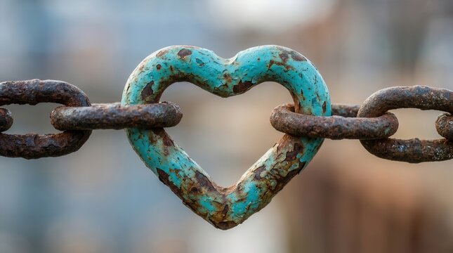 Rusty metal chains joined together by a turquoise heart-shaped link.