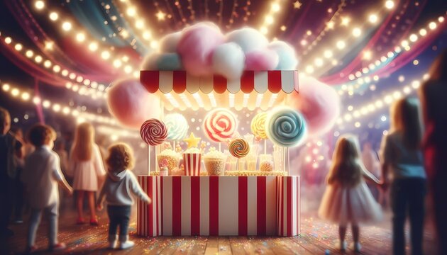 A childs perspective of a circus candy stand with oversized treats and glowing lollipops, Ai generated image