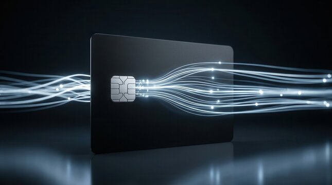 A modern credit card surrounded by glowing digital data waves for a contactless transaction concept.