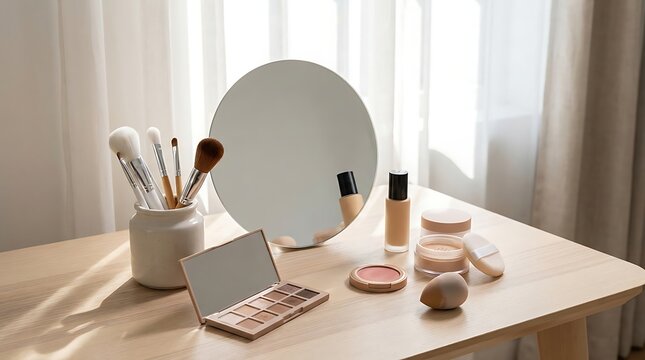 Makeup brushes and cosmetics palette on a wooden vanity table with a round mirror. simple makeup tutorial