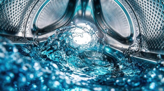 Dynamic motion of blue liquid waves and bubbles inside a metallic spinning centrifuge.