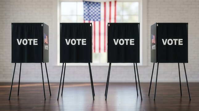 The democratic process in action showing empty voting booths and an American flag background.