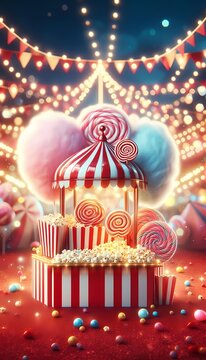A childs perspective of a circus candy stand with oversized treats and glowing lollipops, Ai generated image