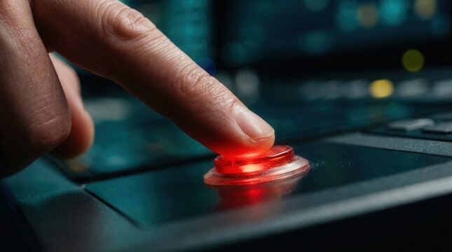 Close up of a hand pushing a red alarm button on a dark control panel for emergency response.