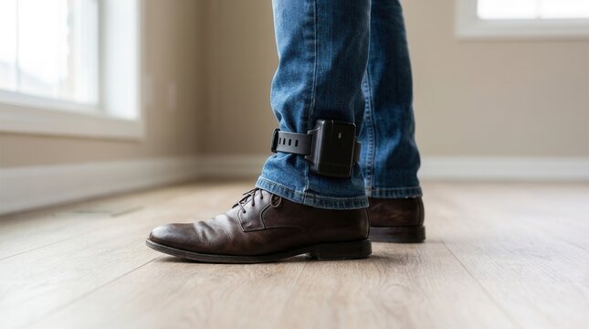 A person wearing an electronic ankle bracelet representing house arrest or parole.