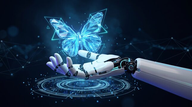 Robotic Hand with Glowing Holographic Butterfly Futuristic AI and Technology Concept