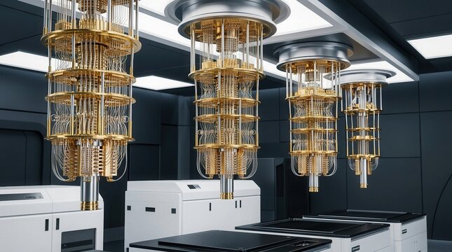 Complex golden quantum computer hardware inside a shielded enclosure