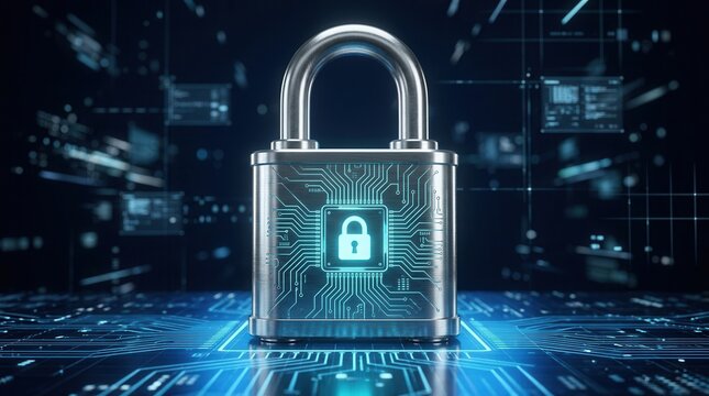 A large digital padlock guarding computing systems to ensure data privacy and security.
