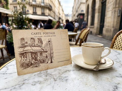 Vintage architectural postcard on outdoor Parisian cafe table beside coffee cup