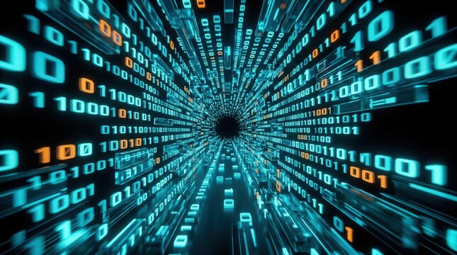A digital tunnel composed of glowing blue and orange binary numbers in a 3D rendering.