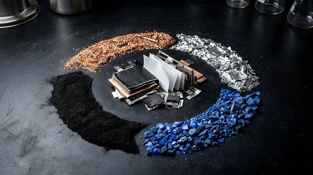 Battery raw materials and disassembled components on black surface
