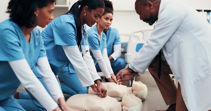 Healthcare, team or dummy in training for cpr, compression technique or residency practical. Man, physician or resident doctors with mannequin, life saving procedure or clinic simulation in first aid