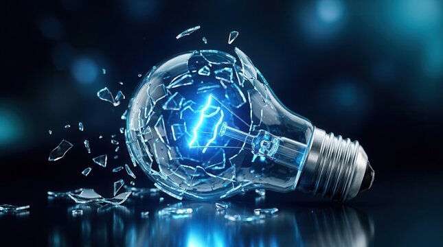 Glowing elements within a broken light bulb with shattered glass pieces for a new business model concept.