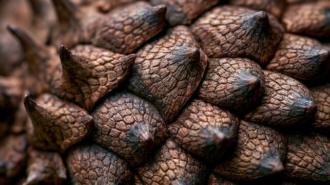 Detailed close up of organic pine cone scales showing intricate brown textured geometric patterns captured with soft natural bright lighting