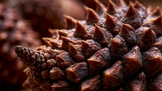 Macro close up of textured brown salak fruit showing sharp prickly scales and organic patterns in soft natural side lighting