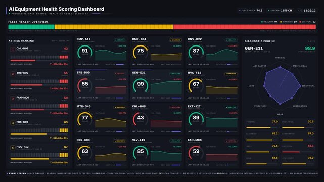 Explore a visually stunning AI equipment health scoring dashboard featuring a dark-mode design with vibrant score cards and insightful analytics for fleet management.