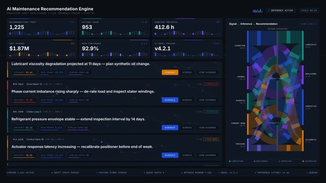 Explore the advanced AI Maintenance Recommendation Engine interface featuring a sleek dark design with a detailed recommendation feed, urgency color coding, and insightful KPI summaries.
