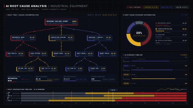 Explore a detailed AI root cause analysis interface for industrial equipment featuring a fault tree diagram, interactive timelines, and vibrant data visualizations in 4K resolution.
