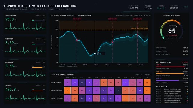 Experience an AI-powered equipment failure forecasting dashboard with a dark industrial design showcasing predictive analytics and real-time sensor data in vibrant colors.