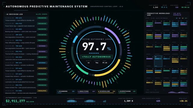 Explore a futuristic 4K dark interface showcasing an autonomous predictive maintenance system with glowing orbital rings, AI metrics, and vibrant status indicators for advanced technology.