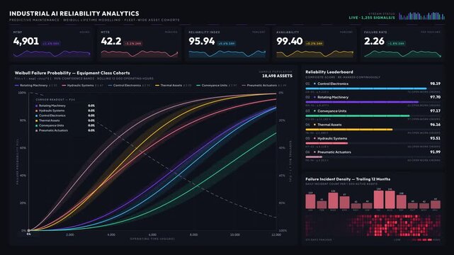 Explore a sophisticated industrial AI reliability analytics dashboard featuring KPI metrics and multi-series reliability curves in a premium dark color palette.