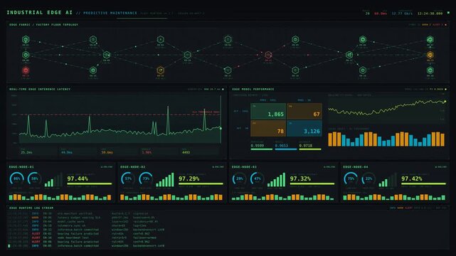 Explore a high-tech 4K interface showcasing Industrial Edge AI Predictive Maintenance with glowing hexagons, latency graphs, and health metrics in a dark, modern aesthetic.