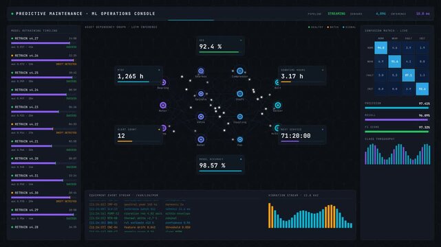 Explore a stunning 4K dark-mode predictive maintenance dashboard featuring a vibrant neural network graph and animated metrics for machine learning analysis.