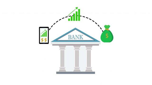 Bank Building with Mobile Finance App, Money Bag and Rising Chart Representing Financial Growth and Investment