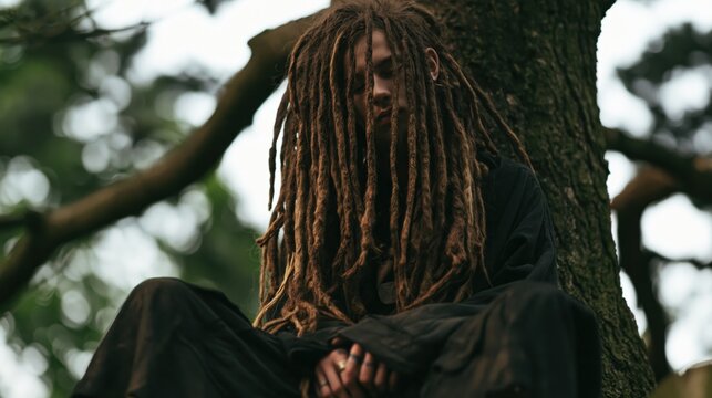 Young spiritual man with long dreadlocks resting against a tree in nature