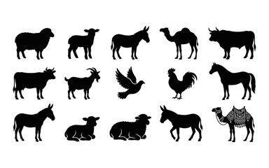 Fototapeta premium Collection of various farm animal silhouettes including sheep donkey camel cow goat horse and rooster isolated