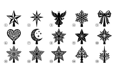 Fototapeta premium Set of fifteen decorative christmas tree topper silhouettes featuring stars angels snowflakes and elegant festive ornaments