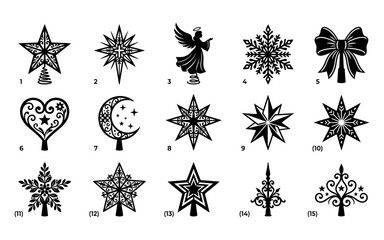 Fototapeta premium Set of decorative christmas tree topper silhouettes featuring stars angels snowflakes and festive holiday ornaments in black