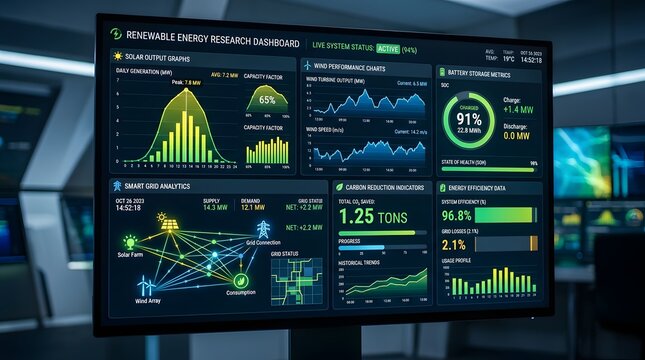 Renewable energy research dashboard displaying green power analytics