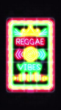 Reggae vibes neon sign animation on brick wall, retro light bulbs, Jamaica culture, abstract concept, looping motion graphic