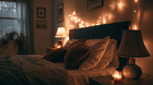 Cozy bedroom interior featuring soft glowing string lights and warm bedside lamps illuminating plush pillows on a comfortable dark bed