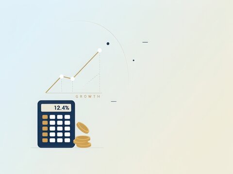 Calculator showing growth percentage with coins and upward chart icon