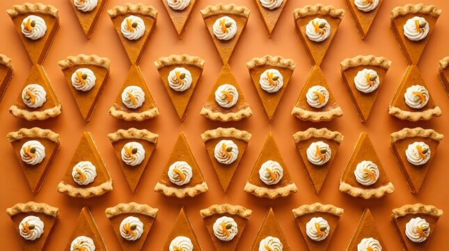 Pattern of pumpkin pie slices with whipped cream and pumpkin seeds on an orange background
