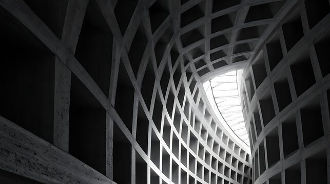 Grid Minimal looking straight up at dramatic modernist building interior ceiling grid, repetitive concrete coffers receding to vanishing point at center, single skylight introducing natural 