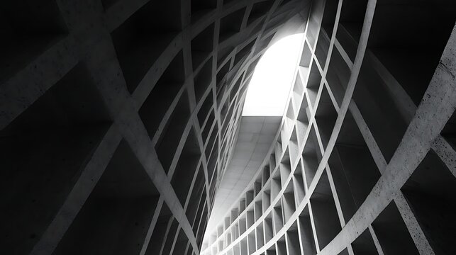 Grid Minimal looking straight up at dramatic modernist building interior ceiling grid, repetitive concrete coffers receding to vanishing point at center, single skylight introducing natural 