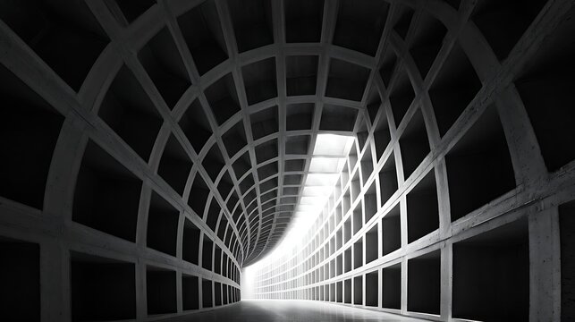 Grid Minimal looking straight up at dramatic modernist building interior ceiling grid, repetitive concrete coffers receding to vanishing point at center, single skylight introducing natural 